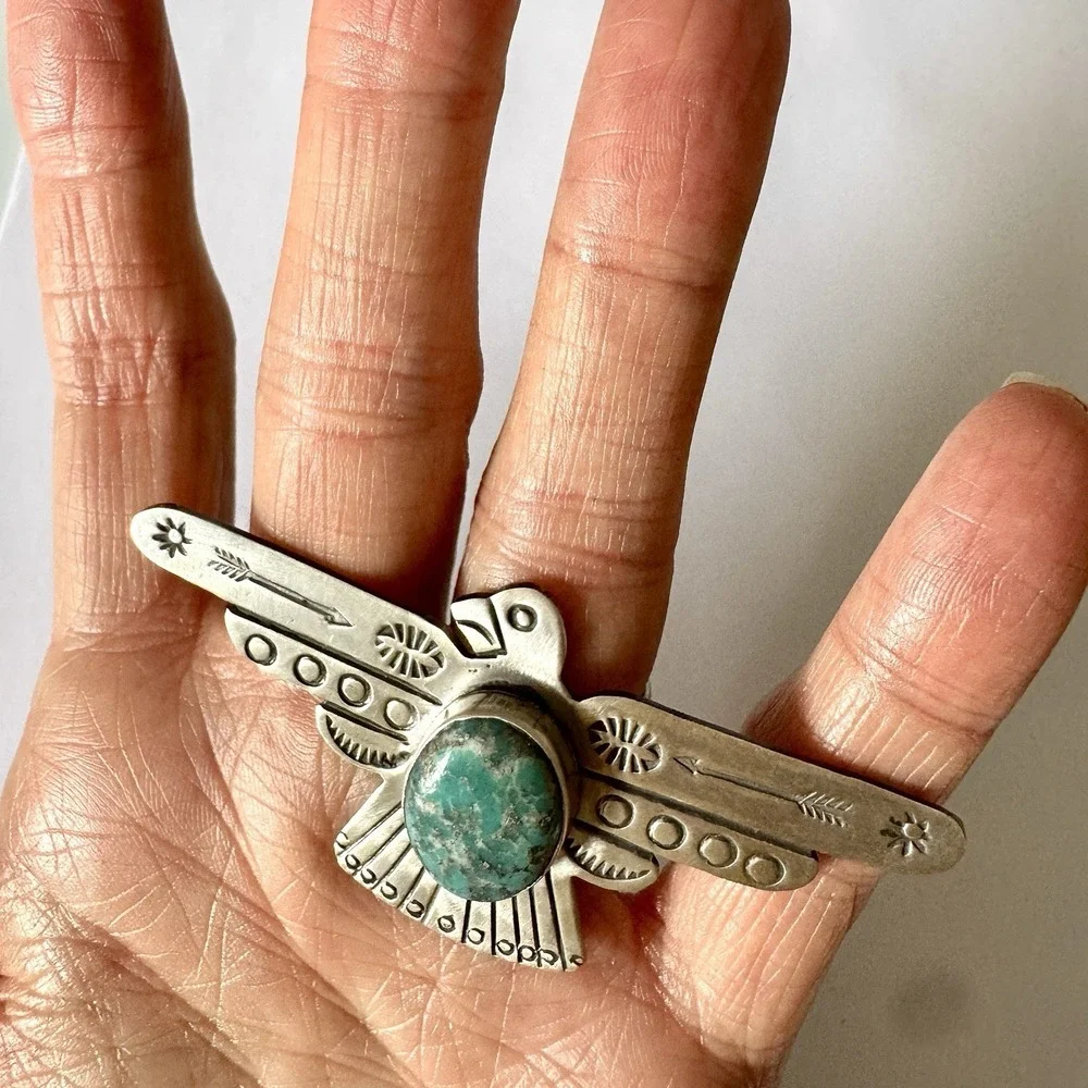 HUGE Navajo Turquoise Thunderbird Ring Sz 8 Stamped Sterling Silver Signed James